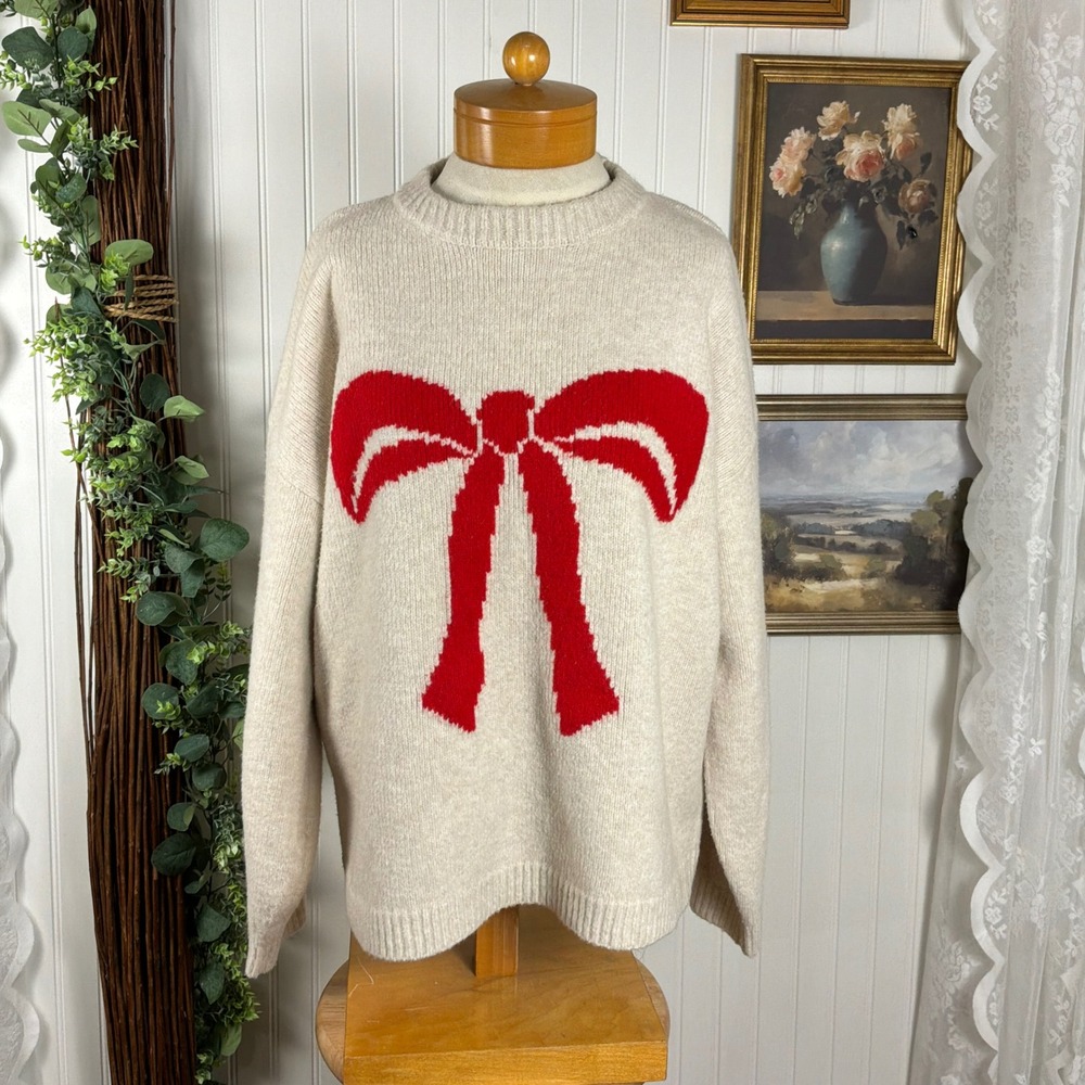 A New Day Sweater Womens XXL Beige Excellent Red Bow Graphic Knit Pullover